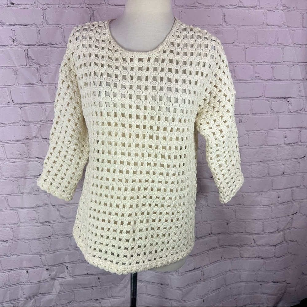 Chico's Ivory crochet Open-Knit Women's Sweater sz 0 (small 4) beach nautical